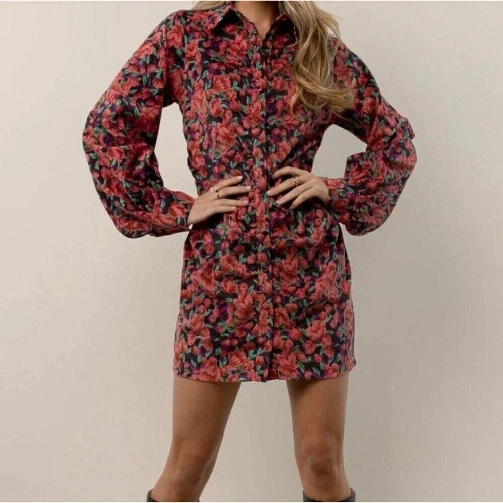 NWT Fate Floral Print Corduroy Ruched Fitted Shirt Dress Long Puffy Sleeves Boho
